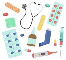 Collection Of Medical Isolated Icons. Pills, Plasters, Medicines Vector Illustration In Flat Style