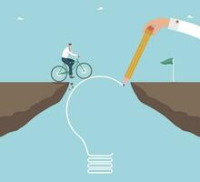 Help or mentorship in paving way to achieve goal, brilliant ideas to get out of difficult situations, strategic planning for great success, hand draws light bulb path through cliff for man on bicycle. vector