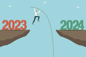 Overcoming obstacles and failures in the outgoing 2023, solving unfinished tasks in the outgoing year, motivation for success and growth in new year 2024, man with pole is jumping over cliff by 2024. vector