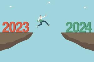 Overcoming obstacles and failures in the outgoing 2023, solving unfinished tasks in the outgoing year, motivation for success and growth in new year 2024, man with arrow jumping over cliff by 2024. vector