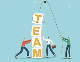 Teamwork to achieve business goals, cooperation and partnership in planning successful strategy, brainstorming to solve work issues, common interests and motivation, people stack word team with cubes. vector