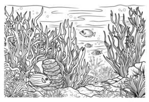 Underwater world coloring page. Coloring page life in the ocean with algae. vector