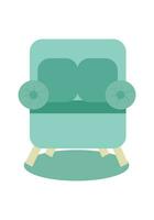 Blue green legged chair with pouffe, armrests and cushions and carpet on the floor. Modern classic upholstered furniture for the home. Vector flat illustration