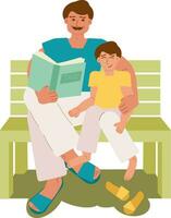 A father with a book sits next to his son on a bench. Dad hugs his happy son and smiles at him. Father's Day. Vector illustration