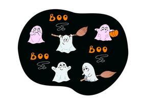 Doodle cartoon set of funny cute ghosts. Holiday Halloween. Vector illustration