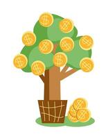 Money tree with gold coins with dollar icon. Income growth, money accumulation. Vector illustration, isolated