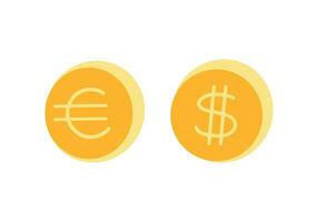 Cartoon gold coins with dollar and euro signs on a white background. Web buttons with money signs. Vector illustration