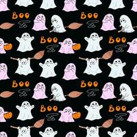 Seamless pattern doodle cartoon funny cute ghosts on black background. Holiday Halloween. Vector illustration for packaging, textile, web design