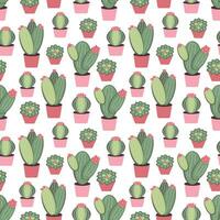 Seamless pattern indoor cartoon cactus succulents of different shapes on white background. Houseplants in pots. Vector illustration.