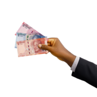 Black hand with suit holding South African Rand notes isolated on transparent background, 3d rendering png