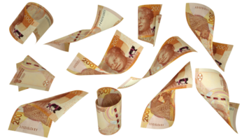 3D rendering of 2023 South African rand notes flying in different angles and orientations isolated on transparent background png