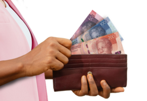 fair Female Hand Holding brown Purse With South African Rand notes, hand removing money out of purse isolated on transparent background png