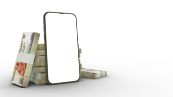 3d interpretazione di un' mobile Telefono con vuoto schermo e pile di egiziano libbra Appunti dietro a isolato su trasparente sfondo. png