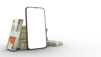 3D rendering of a mobile phone with  blank screen and stacks of Egyptian pound notes behind isolated on transparent background. png