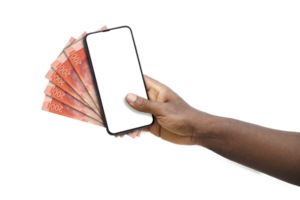 Black hand holding mobile phone with blank screen and South African Rand notes png