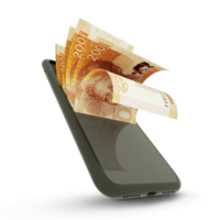 3D rendering of South African Rand notes inside a mobile phone isolated on transparent background png