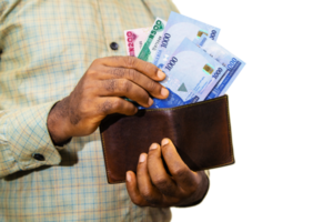 Black person Holding brown wallet With Nigerian naira notes, hand removing money out of wallet over transparent background removing money from wallet png