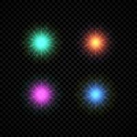 Light effect of lens flares. Set of four green, orange, purple and blue glowing lights starburst effects with sparkles on a dark vector