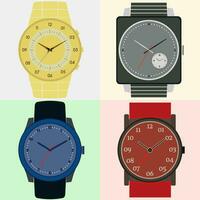 Set of four watches. Clock face with hour, minute and second hands. Vector illustration.