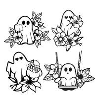 Set of cute floral halloween ghost illustration. vector