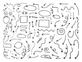 Vector hand drawn set of doodle arrows. Hand drawn abstract collection of icons, frames and arrows in doodle style. Chaotic doodle elements.