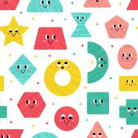 Vector seamless pattern with cute geometric figures. Trendy geometric shape characters with face on white background. Cute funny smiling shape characters with dots for kids and children design.