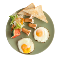 Close up photo of American breakfast top view in dark green plate isolated with clipping path in png file format