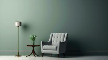 minimalista y elegante vivo habitación con gris Sillón y verde pared ai generado foto