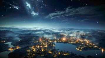 City at Night with Starry Sky and Comet Dreamlike and Beautiful Nightscape with Mountains and Water AI Generative photo