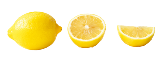 Single whole fresh beautiful yellow lemons with half slice isolated with clipping path in png file format
