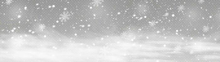 Falling snow with snowflakes and clouds. Mector illustration. Light, dust, winter, blizzard, christmas, vector. The effect of a frosty storm, snowfall, ice. Falling snow effect with snowflakes vector