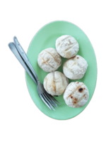 A plate of Palembang style traditional food named pempek served with sauce named cuko, isolated transparent background png