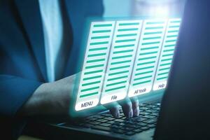 Man using a function that displays menu bar and tools of virtual laptop screen. concepts of technology and computer systems photo