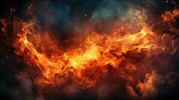 dramático y intenso fuego explosión en el oscuro naranja y rojo fuego antecedentes con fumar efecto ai generado foto