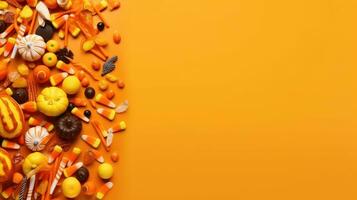 Halloween Candy and Gourds on Orange Background Sweet and Spooky Theme best for Background in the design AI Generative photo