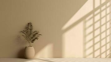 Potted Plant with Long Green Leaves on a White Tablecloth Minimalist Background with Window Shadow AI Generative photo