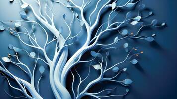 Tree with White Branches and Blue Leaves Background Artistic and Abstract Nature Design for peace AI Generative photo