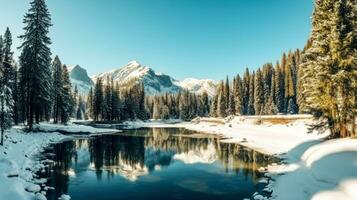 Nevado congelado lago y montañas con hermosa invierno paisaje con un blu cielo y arboles ai generado foto