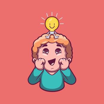 A child character with an idea. Vector illustration depicting the concept of learning, education, and solution design.