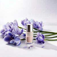 A glass bottle of makeup foundation for the face. Organic skin care products on a background of flowers. photo