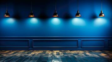 Wooden Floor and Blue Wall with Orange Lamps A Stylish and Vintage Background for Interior Space AI Generative photo