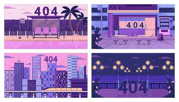 Dusk city error 404 flash message set. Storefront, bus stop, waterfront. Web landing pages ui design. Not found cartoon image pack, dreamy vibes. Vector flat illustrations with 90s retro background