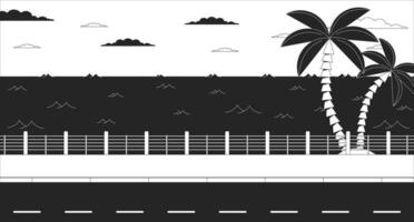 Dusk roadside seascape with palm trees black and white lo fi aesthetic wallpaper. Twilight seaside, palmtrees outline 2D vector cartoon seascape illustration, monochrome lofi background, chill vibes