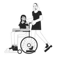 Taking care bw concept vector spot illustration. Woman helping person on wheelchair 2D cartoon flat line monochromatic characters on white for web UI design. Editable isolated outline hero image