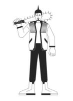 Angry rebel man flat line black white vector character. Protester with basebal bat. Holding weapon. Editable outline full body person. Simple cartoon isolated spot illustration for web graphic design