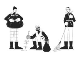 People cleaning neighborhood bw concept vector spot illustration. Helping neighbors 2D cartoon flat line monochromatic characters on white for web UI design. Editable isolated outline hero image