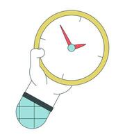Holding clock for checking time flat line concept vector spot illustration. Showing time 2D cartoon outline hand on white for web UI design. Editable isolated color hero image