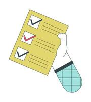 Holding checklist flat line concept vector spot illustration. Completed tasks. To do list 2D cartoon outline hand on white for web UI design. Editable isolated color hero image