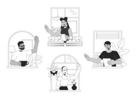 Diverse neighbors greeting bw concept vector spot illustration. Communicative people 2D cartoon flat line monochromatic characters on white for web UI design. Editable isolated outline hero image