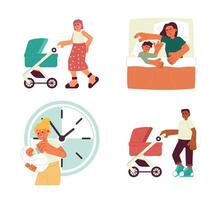 Taking care of baby flat concept vector spot illustrations set. Baby feeding. Walking 2D cartoon characters on white for web UI design. Parenthood isolated editable creative hero images collection